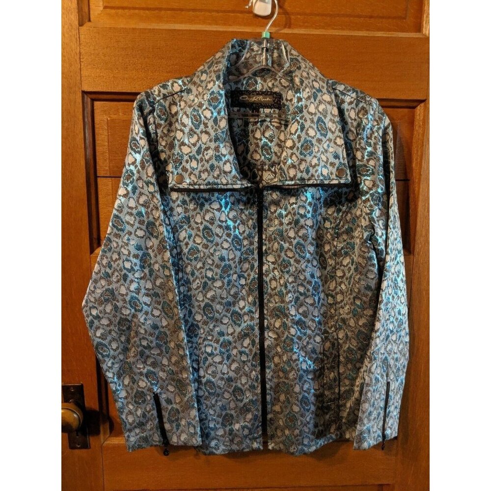 CHERYL NASH Womens Zip-up Jacket size L Large Aqua Blue Animal Print